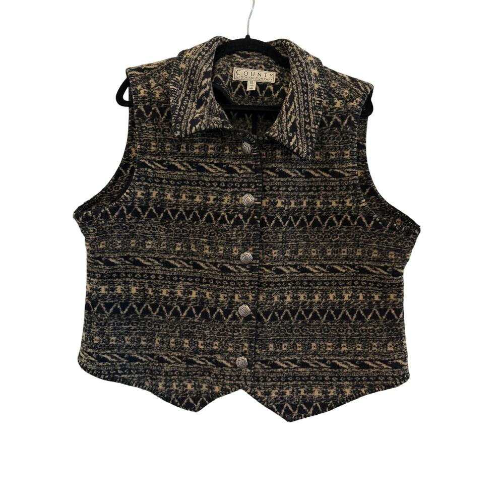 County Clothing Co Southwestern Fleece Button Down Vest Womens XL Black Boho Vtg